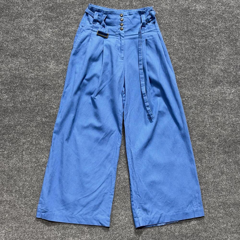 Eudon Choi Pants Womens 0 Blue Linen Paperbag Wide Leg Belted Twill High Waist